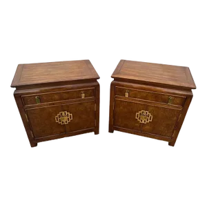 1970s Vintage Matching Century Furniture Nightstands Side Tables Drawer and Cabinet Set of Two