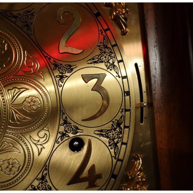 Brown Vintage Howard Miller “Marston” Oak and Elm Burl Grandfather Clock, Circa 1980s For Sale - Image 8 of 17