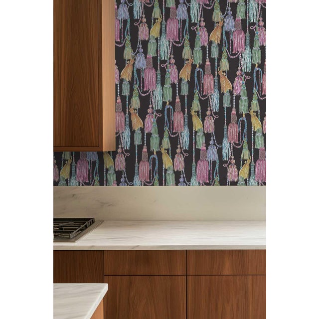 Tassel Trellis Grasscloth Wallpaper by House Party | Black Lacquer | 6 Yards For Sale - Image 4 of 7