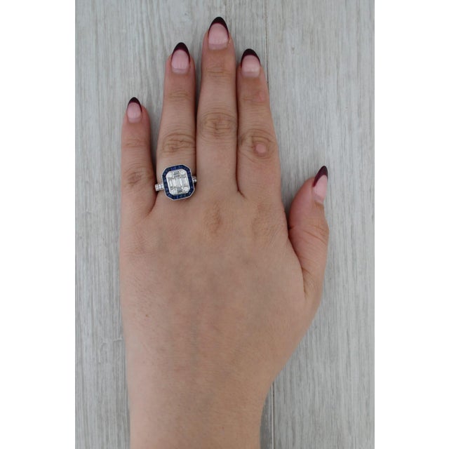 2010s 2.07ctw Diamond Blue Sapphire Halo Engagement Ring 18k White Gold Size 7 For Sale - Image 5 of 7