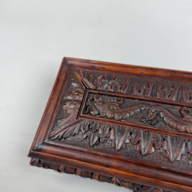 Brown Antique Carved Wooden Chest with Mythological Creatures and Lion Feet, 20th Century For Sale - Image 8 of 14