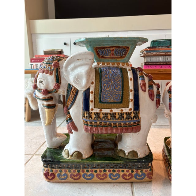 Vintage Chinoiserie Elephant Boho Chic Garden Stools Side Tables - A Pair This pair of vintage terracotta elephant garden...