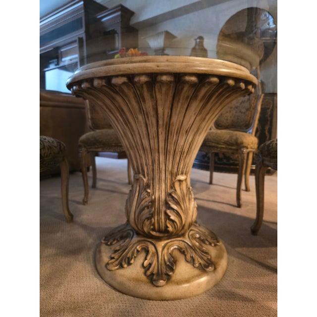 Elegant French Provincial Glass Dining Table With 6 Upholstered Chairs For Sale - Image 4 of 4