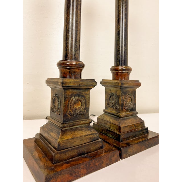 Heavy Faux Marble Iron Corinthian Style Column Table Lamps, 1960s, Set of 2 For Sale - Image 9 of 11