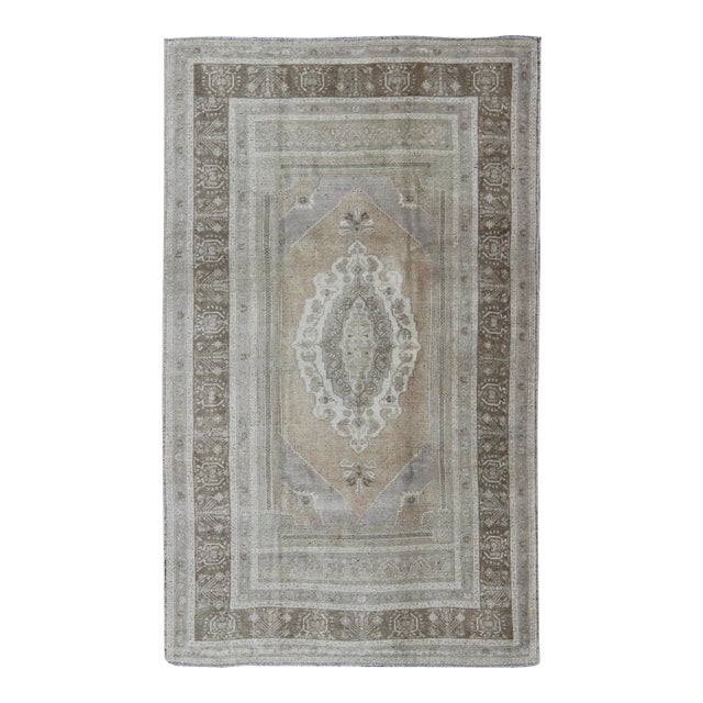 Vintage Turkish Oushak Rug With Faded Taupe, Soft Sage, and Muted Ivory 5'11" X 9'8" For Sale