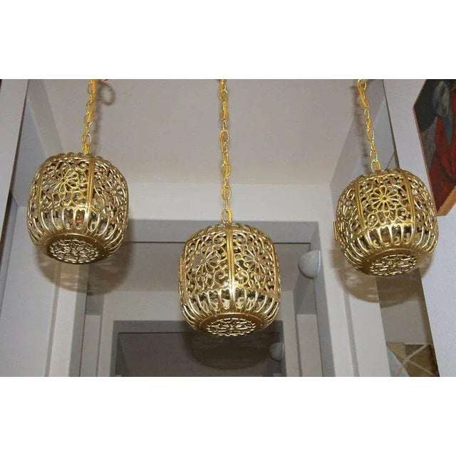 Mid-Century Modern 1950s Hollywood Regency Trio Pierced Brass Asian Ceiling Pendant Lights - Set of 3 For Sale - Image 3 of 12