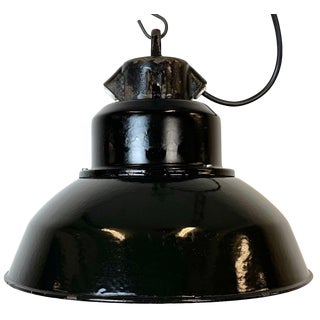 Industrial Black Enamel Factory Lamp with Cast Iron Top from Elektrosvit, 1960s For Sale