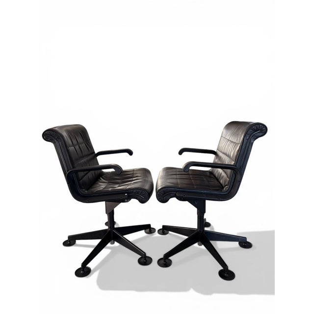 Vintage Sapper Office Chairs in Black Leather on Glides by Richard Sapper for Knoll, 1979, Set of 2 For Sale - Image 3 of 14