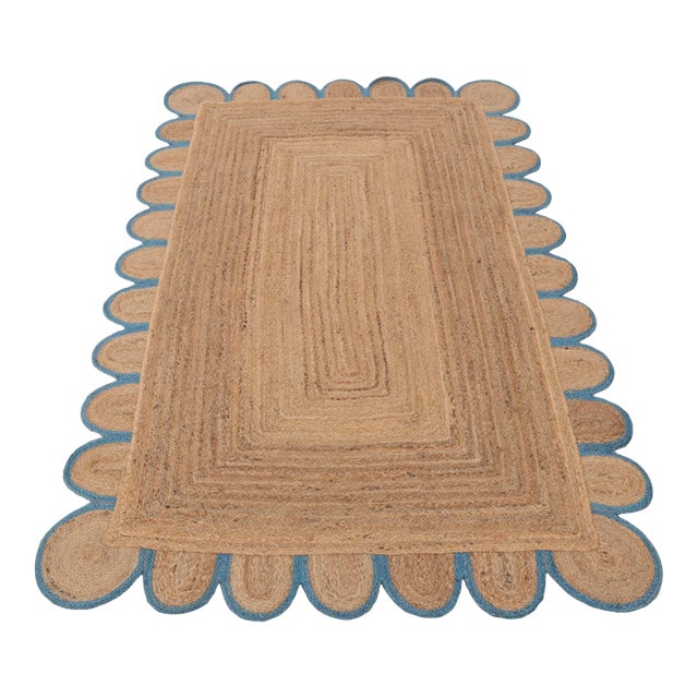 French Blue Scallop Edge Jute Rug 5x8 For Sale