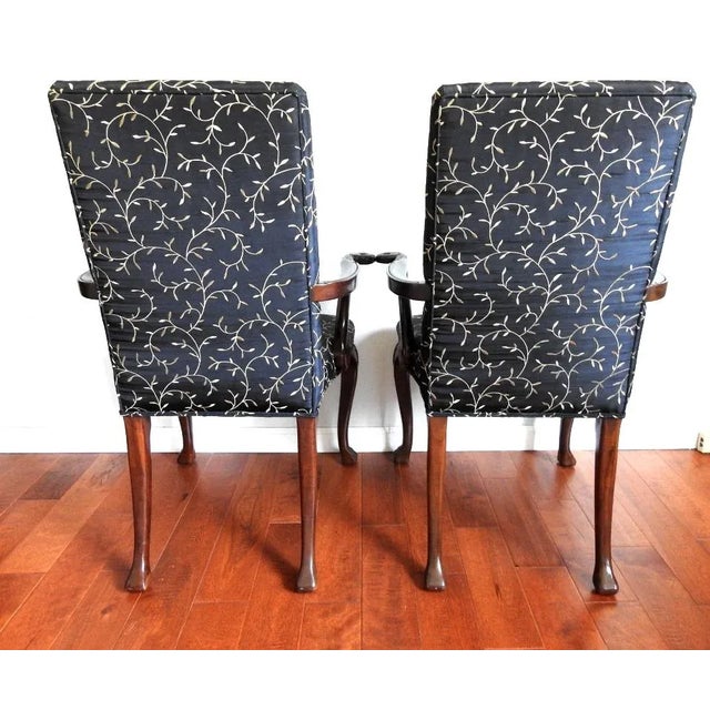 19th Century Antique Re-Upholstered Ho Ho Bird and Shell Motif Carved Side Chairs With Arm Rests Set of 2 For Sale - Image 4 of 13