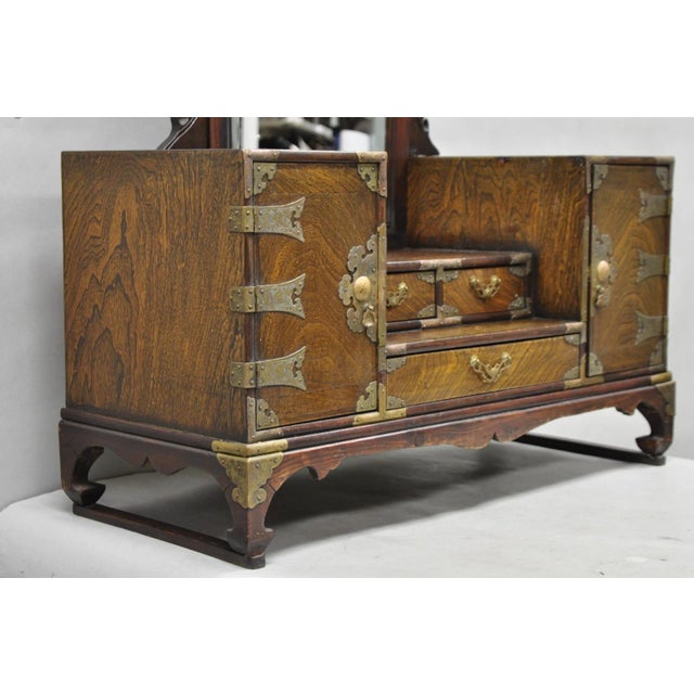 Antique Japanese Wood & Brass Small Low Kyodai Vanity Dressing Table With Mirror For Sale - Image 13 of 18