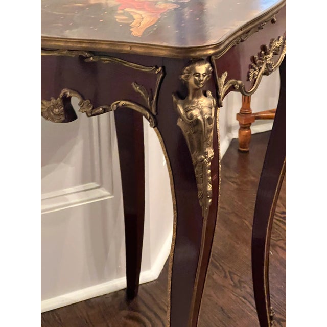 1990s Vintage French Style Painted Figures Brass Ormolu Accents Tall Table For Sale - Image 9 of 12