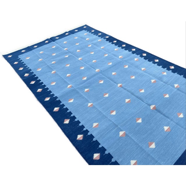 Textile Handmade Cotton Natural Vegetable Dyed Reversible Sky Blue Orange Star Rug Dhurrie - 10'x14' For Sale - Image 7 of 12