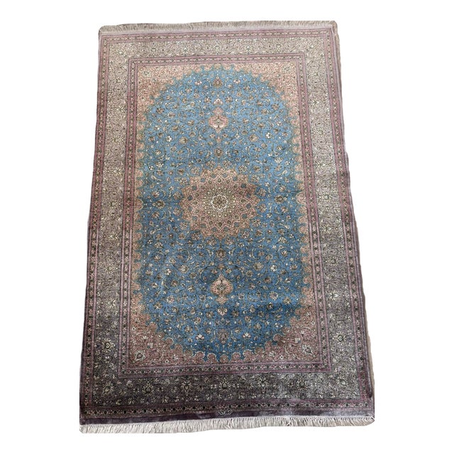 Vintage Hand-Knotted Qom Silk Oriental Rug, 1980s For Sale