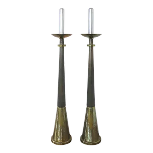 Pair of 1960s Carl Moser Studios Standing Floor Candle Holders in Brass and Wood, Switzerland