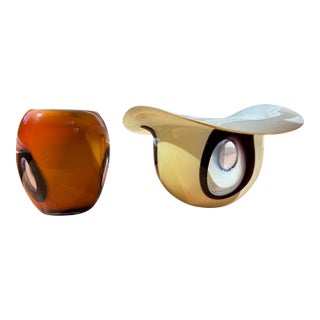 Set of 2, Vintage Dreamlight Mediterrana German Sculptural Art Glass -Amber Votive & Organic Modern Bowl For Sale