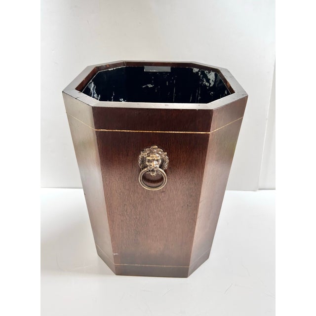 Vintage Mahogany Wastebasket With Lion Head Ring Pulls – Regency Style Wood Trash Bin With Metal Liner For Sale - Image 4 of 11
