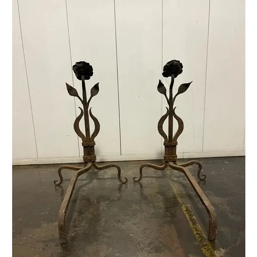Vintage single rose design pair of andirons circa late 1920s, Hand made simple design, all original details never been...