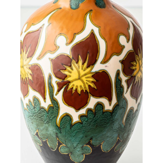 Metal Art Deco Dutch Gouda Pottery Table Lamps with Silk Lampshade, 1920s, Set of 2 For Sale - Image 7 of 15