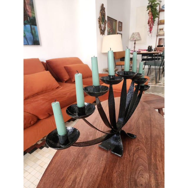 Mid Century Wrought Iron Candelabra | 9 Arm Black Iron Candle Holder | Modernist Brutalist Style | 23.5” Centerpiece Sculpture For Sale - Image 11 of 11