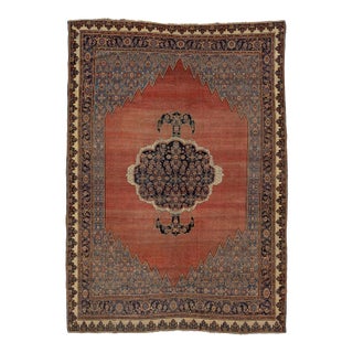 Antique Bidjar Style Wool Rug in Terracotta & Indigo, Hand-Knotted Medallion For Sale