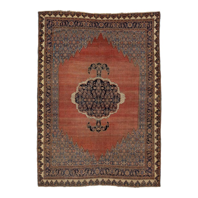 Antique Bidjar Style Wool Rug in Terracotta & Indigo, Hand-Knotted Medallion For Sale