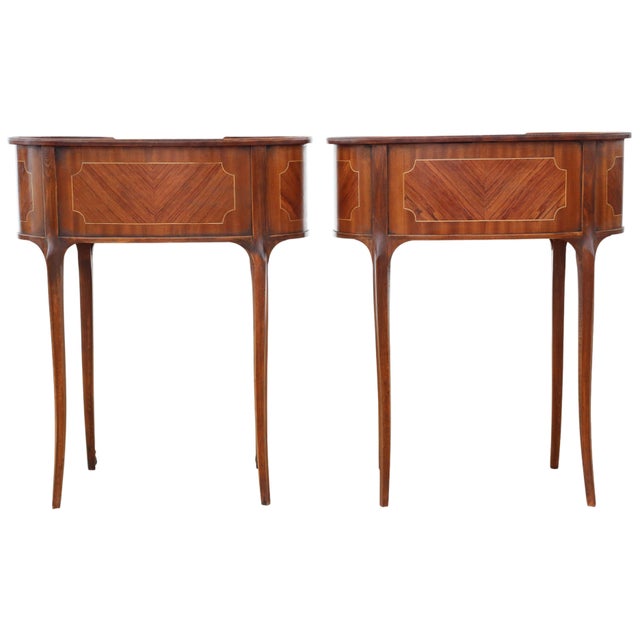 Brown Vintage Kidney-Shaped Inlaid Veneer Bedside Tables, 1925, Set of 2 For Sale - Image 8 of 12