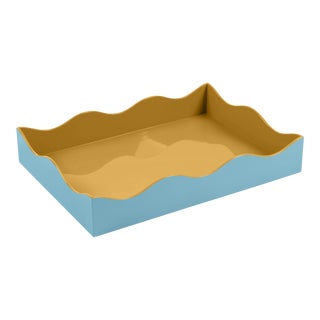 The Lacquer Company for Chairish Belle Rives Tray in Mayan Gold / Bluebird, Large For Sale