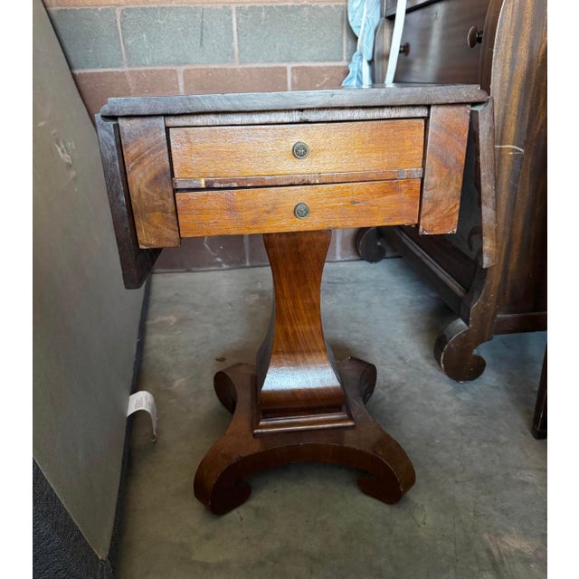 Empire-Style Drop-Leaf Sewing Table With Two Drawers & Scroll-Foot Pedestal For Sale - Image 4 of 8