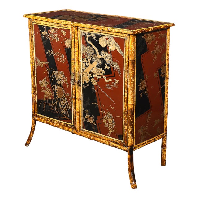 Art Deco Bamboo & Cubist Red & Black Geometric Detailed Gilt Chinoiserie Cabinet For Sale