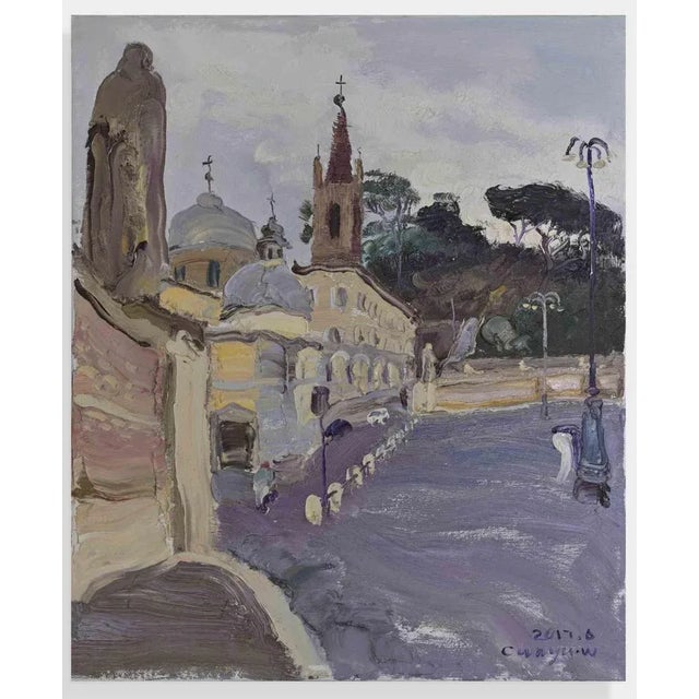 Early 21st Century Wang Cun Yu, View of Trinità dé Monti, Rome, 2017, Oil on Canvas For Sale - Image 5 of 5