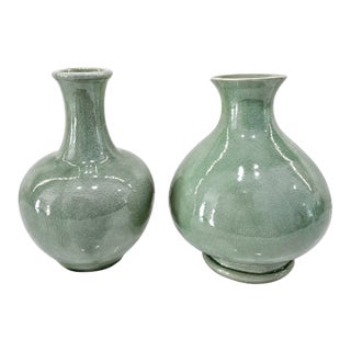 Vintage Thai Celadon Green Crackle Glaze Ceramic Vases — A Pair For Sale