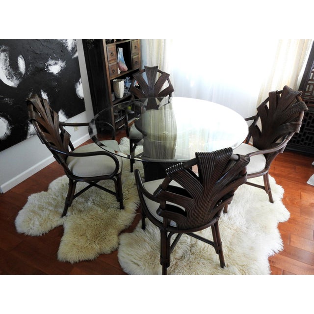 Vintage Philippine Rattan & Glass 5-Piece Dining Set With Sculptural Palm Frond Details For Sale - Image 4 of 15