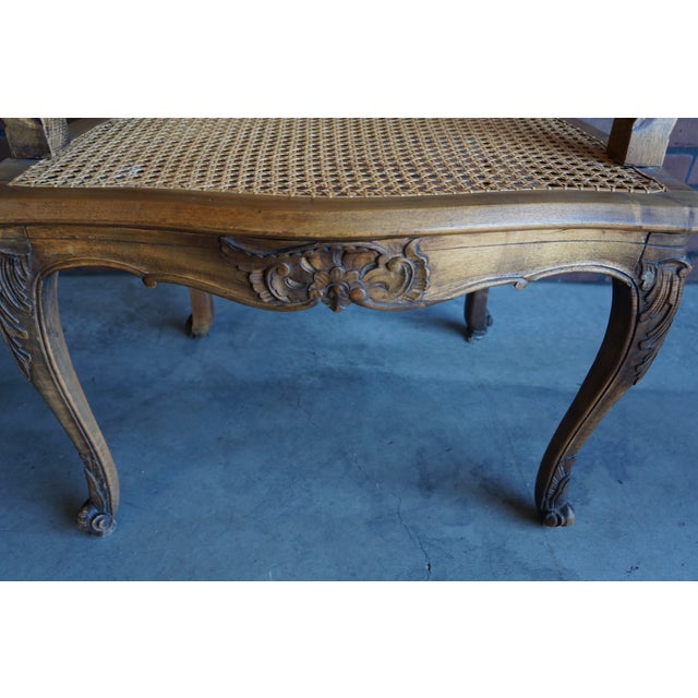 Wood Antique Carved French Walnut Cane Arm Chairs ~ a Pair For Sale - Image 7 of 12