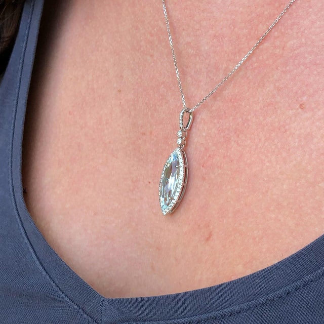 Baroque 3.25cts Aquamarine Pendant in Solid 14k White Gold W Natural Diamond Accents For Sale - Image 3 of 9