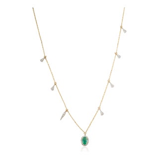 Oval Emerald & Diamond Drop Halo Station Charm Necklace in 14k Yellow Gold For Sale