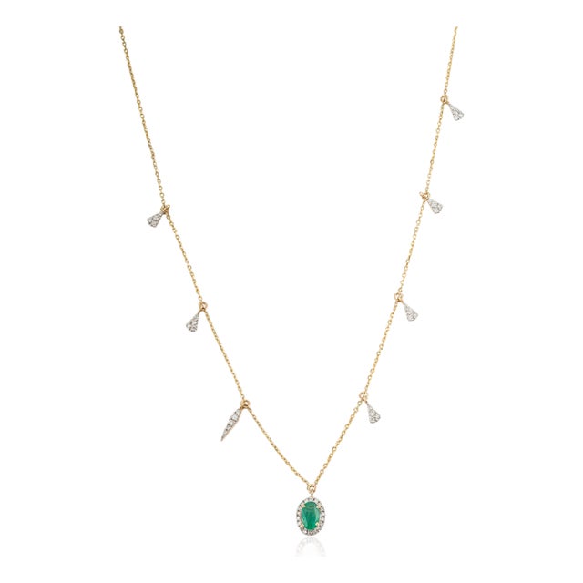 Oval Emerald & Diamond Drop Halo Station Charm Necklace in 14k Yellow Gold For Sale