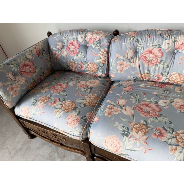 Brown 1970s Vintage French Provincial Style Carved Oak Ladder-Back Sofa With Shell Details For Sale - Image 8 of 13