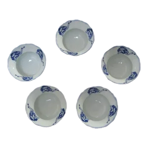 Vintage 1960's Japanese Small Porceline China Rice Bowls Sumo Print Scalloped Edges- Set of 5