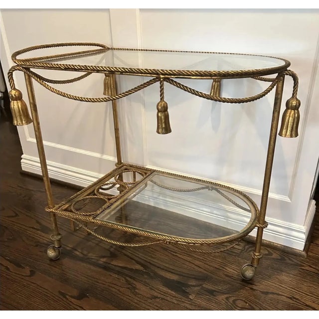 Metal Vintage Italian Gilt Metal Tole Rope & Tassel Bar Cart For Sale - Image 7 of 7