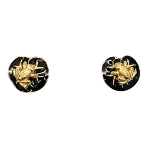 Vintage Signed Mimi Di N Goldtone Black Enamel Frog Clip Earrings- 2 Pieces