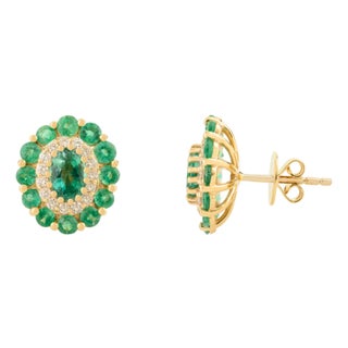 2.8 Ct Zambian Emerald Contemporary Stud Earrings With Diamonds in 14k Solid Gold For Sale