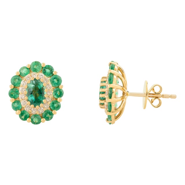 2.8 Ct Zambian Emerald Contemporary Stud Earrings With Diamonds in 14k Solid Gold For Sale