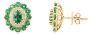 2.8 Ct Zambian Emerald Contemporary Stud Earrings With Diamonds in 14k Solid Gold