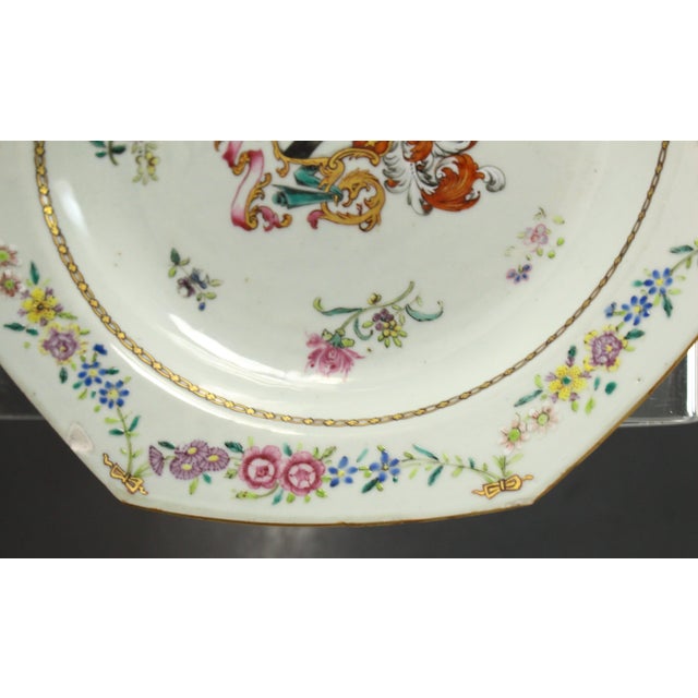 Ceramic C. 1765 China Pair Armorial Octagonal Plates, Arms of Wyatt Impaling Fowle For Sale - Image 7 of 18