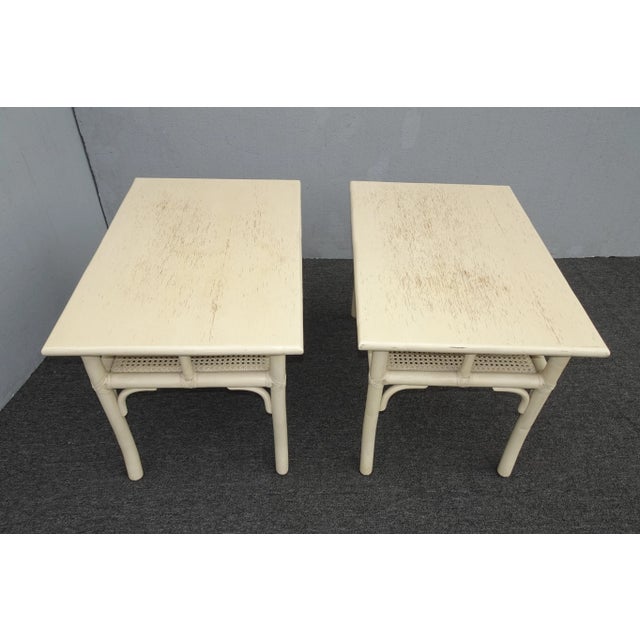 Wood Pair of Authentic McGuire Bamboo Cane Off White End Tables ~ French Country For Sale - Image 7 of 12
