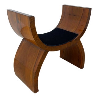 Art Deco Stool in Walnut Veneer & Black Fabric, Italy, 1930 For Sale