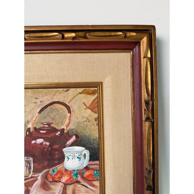 1970s 1970s Vintage Still Life Oil on Board Painting of Teapot, Strawberries & Mug – Framed For Sale - Image 5 of 11
