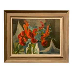 Vintage Red Floral Still Life Oil on Canvas Painting