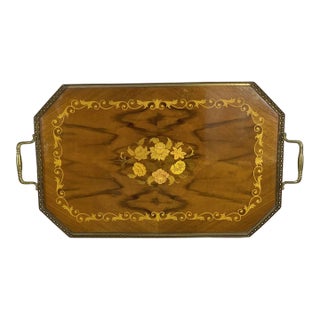Vintage Italian Wood Marquetry Tray Sorrento Inlaid Brass Edge Handles For Sale